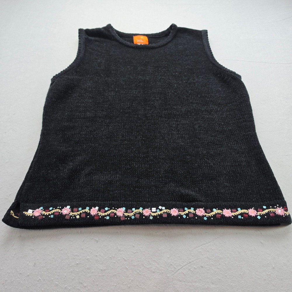 Hearts of Palm Vintage Black Knit Sweater Vest Floral Embroidered Beaded Hem L